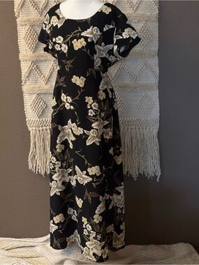 Dude USA Vintage 90s Black Floral Maxi Dress Cream Brown
